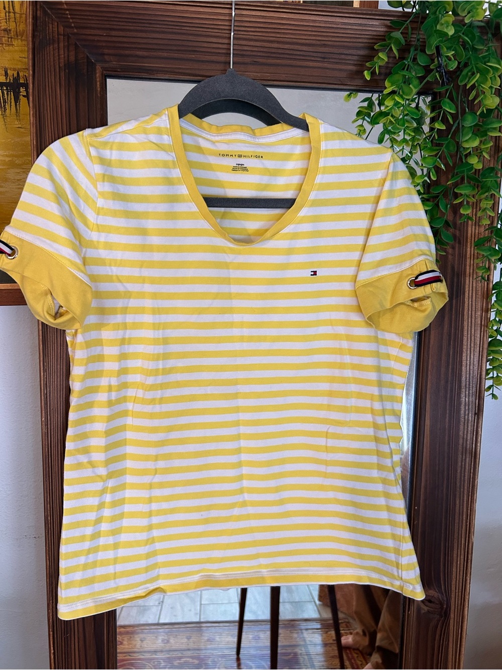 Tommy Hilfiger Yellow and White Striped V-Neck Tee